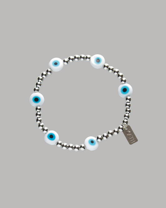 PULSERA BALINES PLATEADOS Y OJOS TURCOS
