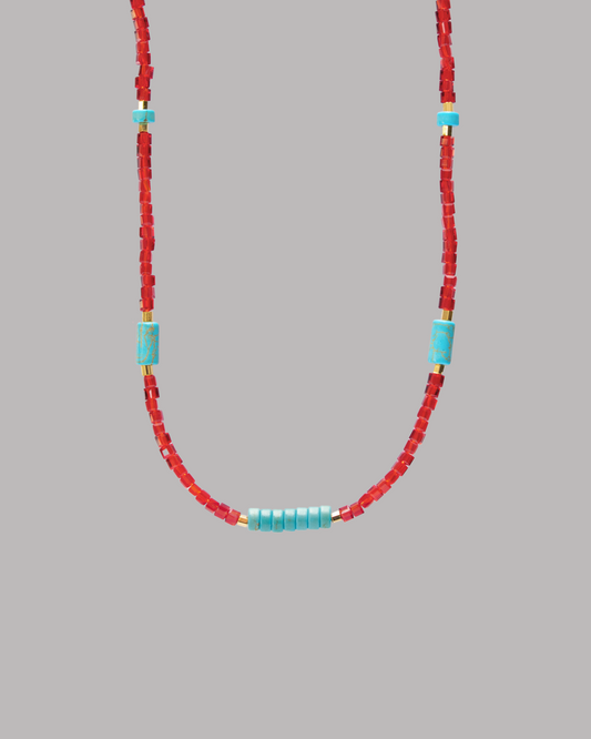 COLLAR CRISTALES ROJOS CON TURQUESAS