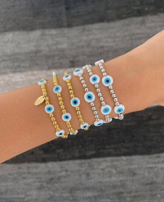 PULSERA BALINES DORADOS Y OJOS TURCOS